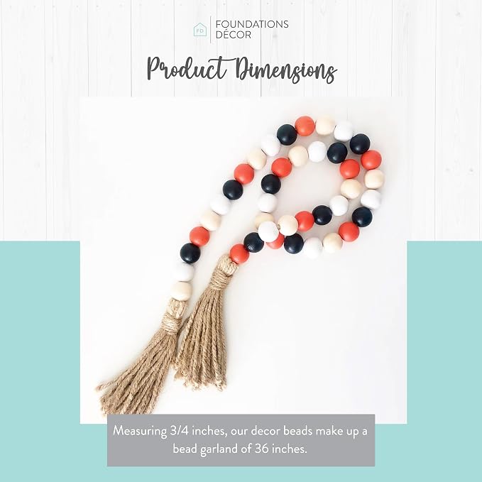 Wood Bead Garland - Wooden Boho Bead Garland with Tassels - Boho Beads Home Decor for Shelf, Table, Wall & Mantel Styling - Colorful Decor Beads by Foundations Décor - Black, White, Orange, Natural