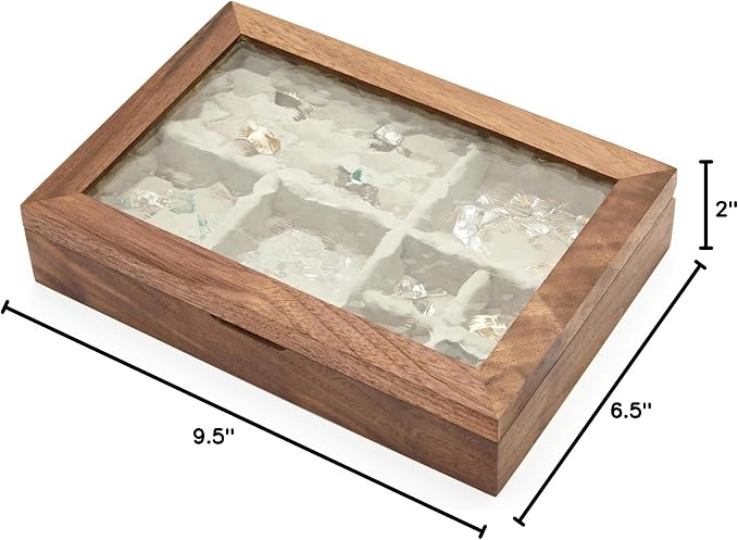 pandapark Wooden Jewelry Box with Glass Lid, Multi-Compartment Storage Display Case, Walnut Brown (Silver Walnut)