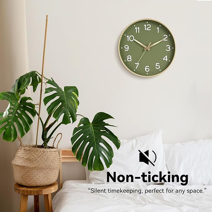Roymnie 8 Inch Wall Clock, Battery Operated Silent Non Ticking Green Analog | Green & gold modern analog; large 3D easy-read dial for kitchen, office, bathroom & bedroom; 1 AA battery (not included)