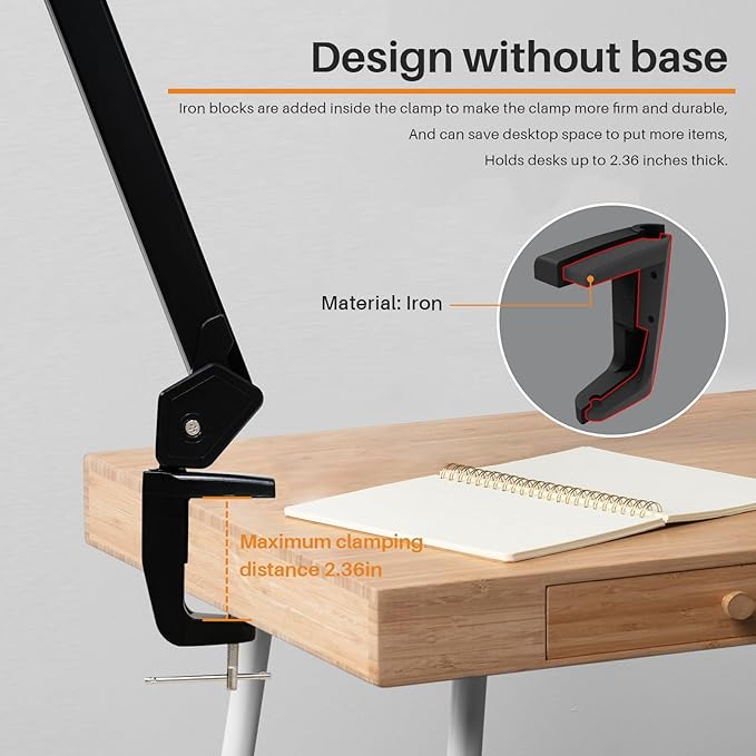 20-Inch LED Desk Lamp with Clamp, 24W 2200LM, Protected Arm, Black