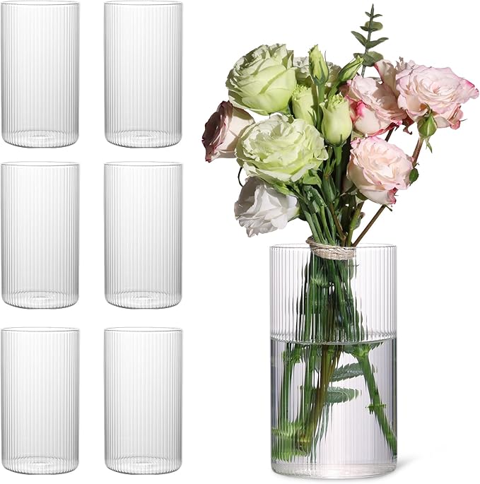 6 Inch Clear Glass Ribbed Cylinder Vases for Centerpieces, Pack of 6 | Flower Vases for Wedding & Home Decor, Hurricane Floating Candle Holders for Table & Shelf & Party