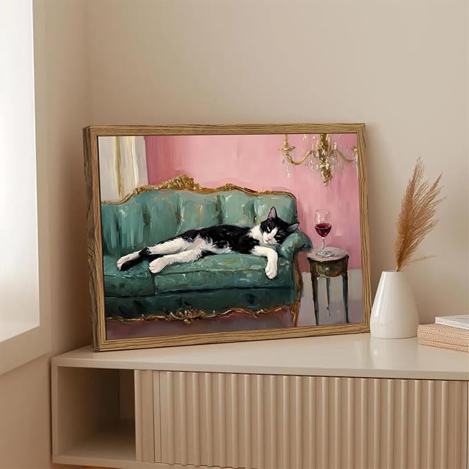 Fun Cat Wall Art Cute Tuxedo Cat With Red Wine Wall Decor Whimsical Animal Cocktail Bar Cart Canvas Poster Quirky Pet Lover Picture Print for Dining Room Living Room Wood Framed 12x16 inch