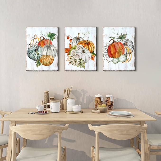 Large Pumpkins Wall Art Fall Decor Vintage Festival Wall Paintings Rustic Farmhouse Kitchen Decorations Autumn Maple Leaves Harvest Themed Wall Paintings Modern Halloween Posters Artworks 16x24" 3Pcs