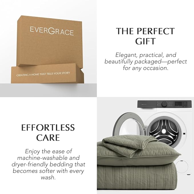 EVERGRACEHOME 100% Cotton Modern Lines Quilt Set King Size, Olive Green | Pre-Washed Soft Cotton, Striped Coverlet Bedspread, 3 Piece Lightweight Bedding Set for All Season, with 2 Pillow Shams
