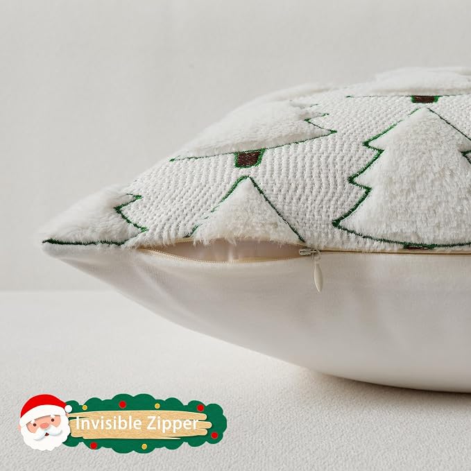 UGASA Christmas Tree Pillow Covers 20x20 Inch Set of 2 Soft Plush Faux Fur Luxury Embroidery Decoration Pillowcases for Couch Sofa Holiday Festivals Winter Xmas Gift, Cream White & Green