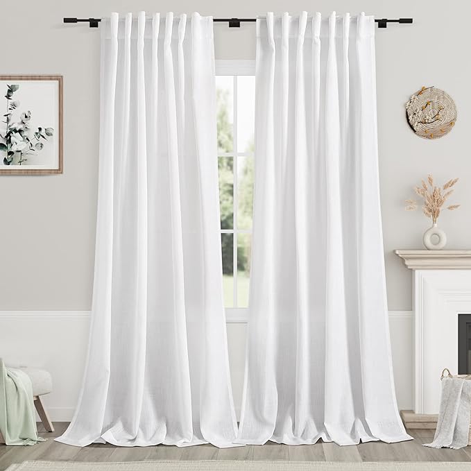 Linen White Curtains 2 Panels Set Extra Long for Living Room Back Tab Semi Sheer Light Filtering Drapes Modern Farmhouse Decor Linen Textured Curtain for Floor to Ceiling Window 52x107