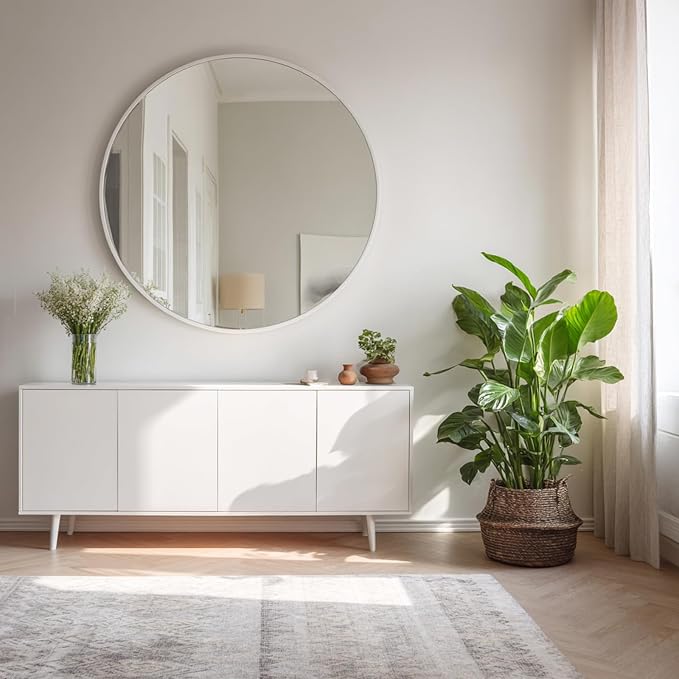 Big Wall Mirror 42 inch, White Bathroom Mirror, Matte Metal Frame | Matte White Metal Frame, High Definition Mirror, Rust-resistant, Circle Mirrors for Living Room, Bedroom, Dressing Room