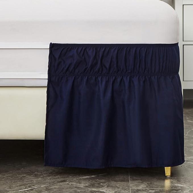 MEILA Wrap Around Bed Skirt for Twin & Full Beds, 18" Drop, Navy | Three-Side Adjustable Elastic Dust Ruffle, Ruffled Polyester Fabric, Easy to Install, Fade Resistant & Machine Washable