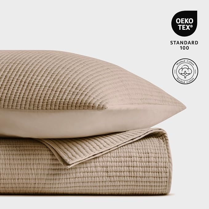 EVERGRACEHOME Cotton Ribbed Matelassé Coverlet Set, Queen Size, Urban Taupe | Soft Lightweight Bedspread, 3 Pieces, Breathable Cozy Oversized Quilted Bedding Set for All Seasons, with 2 Pillow Shams