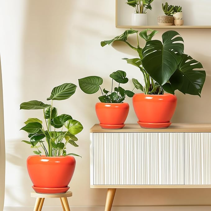 Ceramicfor Indoor Plant Pot 8 Inch - Ceramic Plant Pot with Drainage Hole and Saucer, Glaze Decorative Modern Round Planter for Outdoor Plants, Housewarming Gifts, Office Home Garden Decor, Orange