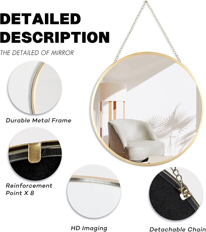 Small Hanging Circle Mirror, 10" Gold Wall Mirror with Hanging Chain | Round Mirrors for Wall Decor Entryway, Bathroom, Bedroom, Vanity, Living Room