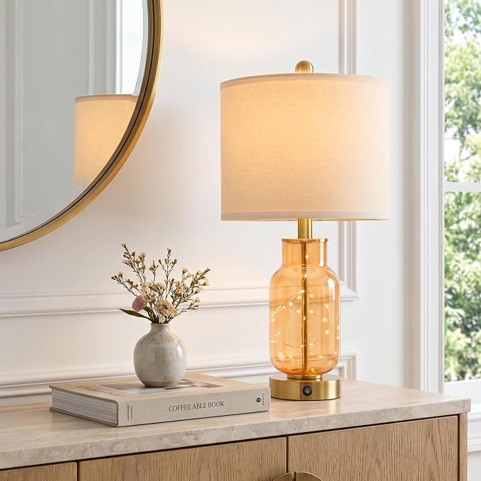 Oneach 22" Glass Table Lamps Set of 2 with Night Light for Bedroom, Amber