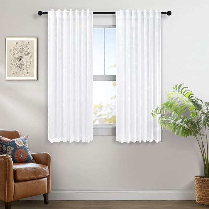 White Back Tab Curtains 45 Inch Length for Kitchen 2 Panels Set Pocket Light Reducing Semi Sheer Cotton Look Casual Woven Textured Short Cafe Tier Curtains for Bathroom Bedroom Dining Room 52x45 Long
