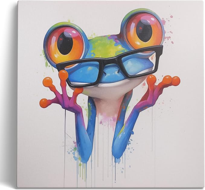 Ypxzzj Colorful Frog Canvas Wall Art for Bedroom Nursery Kids Room Living Room, Cute Animal Frog with Glasses Paintings Pictures for Home Decor, Modern Artworks Framed Ready to Hang