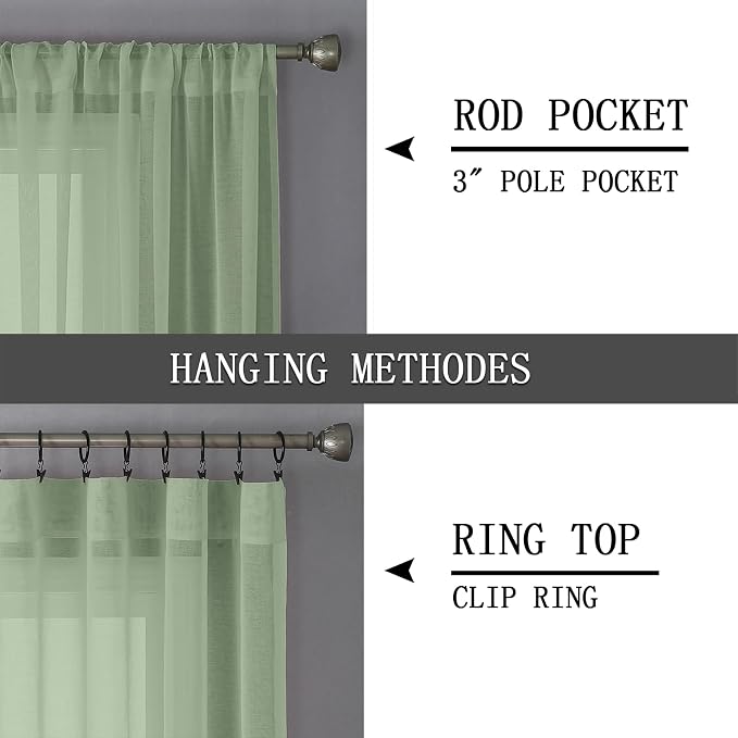 Tollpiz Sheer Curtains Linen Textured Living Room Curtain Sheers Light Filtering Rod Pocket Voile Curtains for Bedroom, 42 x 63 inches Long, Sage Green, Set of 2 Panels
