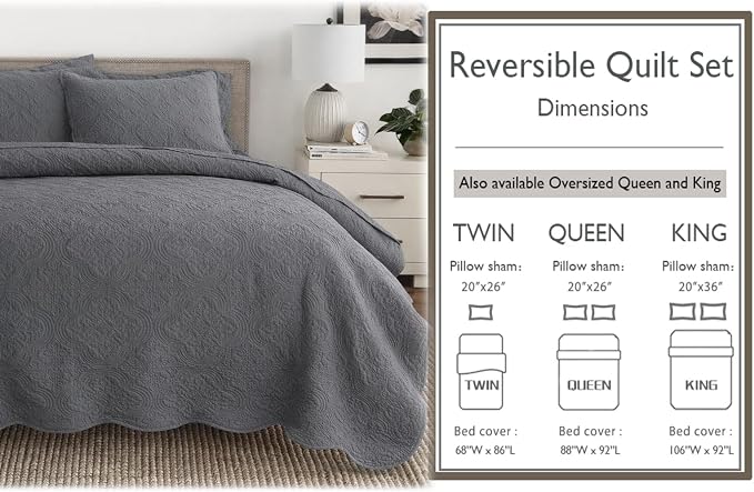 Cozy Line Home Fashions Charcoal Gray Cotton Quilt Set – 3-Piece Solid Textured Quilted Bedspread with Shams, Lightweight All Season Modern Bedding (Blantyre - Grey, Queen - 3 piece)