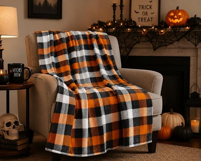 Serafina Home Fall Plaid Blanket Throw: Orange Black White Farmhouse Tartan Print on Velvet Fleece, 50" x 70" for Sofa Couch Bed Outdoor Events