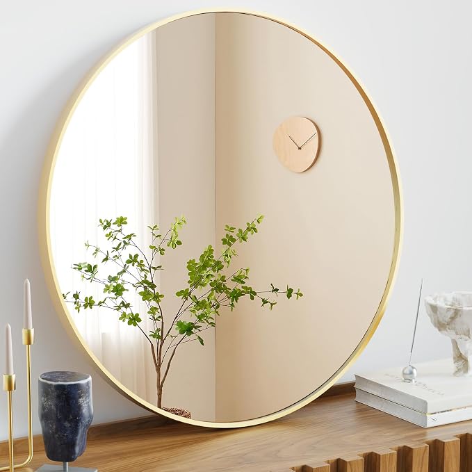 NEWBULIG 24 Inch Round Bathroom Mirror, Wall Mount Vanity Mirror | Circle Mirror for Over Sink, Matte Metal Frame, Entryway Decor, Bedroom Decor, Gold