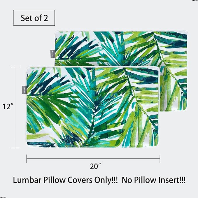 Magpie Fabrics Patio Lumbar Pillow Covers ONLY 20"x12", Set of 2, Outdoor Indoor Cushion Cases Decorative Throw Rectangular Pillowcase Shell for Couch Garden - Green Palm Leaves