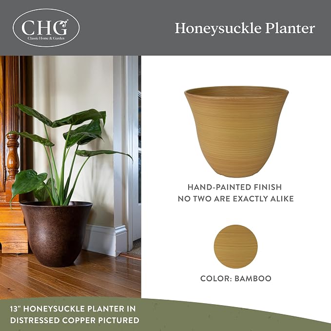 15" Honeysuckle Planter in Bamboo | Hand-Painted Finish Plant Pots, Lightweight Indoor Outdoor Planter, UV-Resistant, Great for Patio, Home & Garden Decor Accent