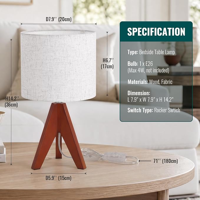 Siljoy 14.2'' Tripod Table Lamp, Small Bedside Nightstand Lamp, E26 Base