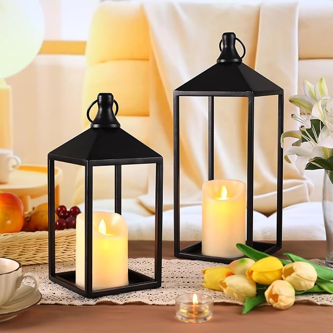 2 Pcs Black Decorative Metal Lanterns Farmhouse Lantern Decor with Candles | 15" 11" Outdoor Candle Lanterns for Covered Patio, Porch, Fireplace Mantel, Table Centerpiece, No Glass Lantern Decor