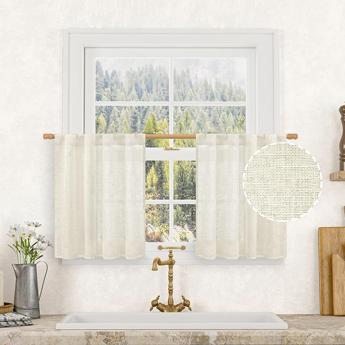 Short Kitchen Linen Curtains 24 Inch Length for Small Windows | Light Filtering Panels, Neutral Drapes for Bathroom Half Window, Rod Pocket Back Tab, Cream Ivory, 25 x 40 Inch, 2 Panels