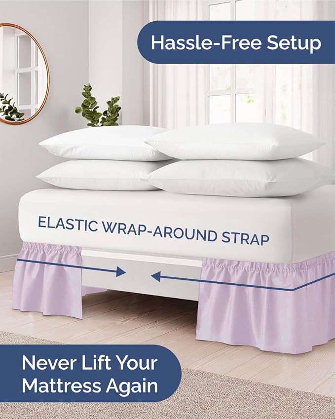 Wrap Around Dust Ruffle Bed Skirt - Light Lavender - for King Size Beds w/ 24 Inch Drop - Easy Fit Elastic Strap - Adjustable Pleated Bedskirt Brushed Fabric - Wrinkle Free - Women, Men, Kids & Teens
