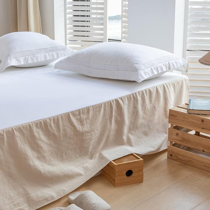BISELINA French Linen Bed Skirt with Pleated Corner 18-Inch Tailored Drop Natural Flax Cotton Blend Basic Dust Ruffle Soft Cozy Farmhouse Bedding (18" Twin, Basic Linen)