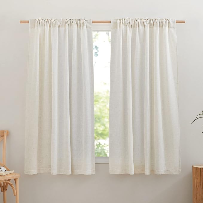 NICETOWN Semi Sheer Linen Curtains for Bedroom 63 inch Long, Rod Pocket & Back Tab Privacy Window Drapes Light Filtering for Bedroom/Nursery, Burlap, 52" W x 63" L, 2 Panels