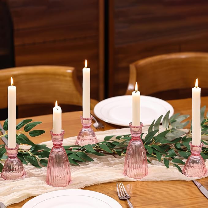 Pink Candle Holder Set of 6-4pcs 3.5"& 2pcs 6" Assorted Glass Pink Candlesticks Holder for Wedding Decor, Ribbed Taper Candle Holders Bulk for Bridal Shower, Home Table Centerpieces
