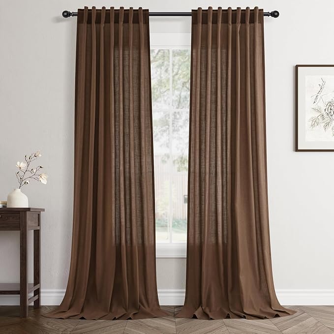 Jowels Caramel Brown Linen Curtains 90 Inch Long 2 Panels for Living Room | Light Filtering Semi Sheer Curtain, Back Tab Pocket Pleated Look, Boho Farmhouse Textured Privacy Drapes for Bedroom Window