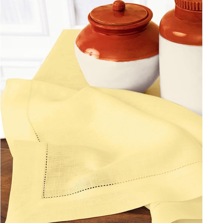 Solino Home 100% Linen Table Runner Yellow, Classic Hemstitch 14 x 72 in | a graceful centrepiece for dining and gatherings, hemstitched border, mitered corners, machine washable, OEKO-TEX Certified