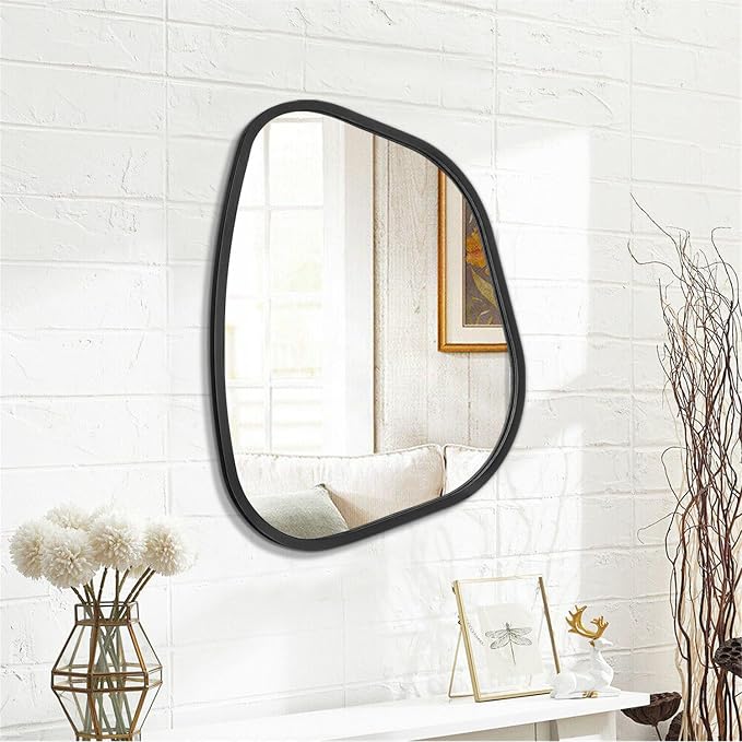 Black Asymmetrical Wall Mirror Large 20"x16" Irregular Oval Mirror Modern Wood Frame Unique Shape Wall Mounted Vanity Artistic Mirrors Decorative for Living Room Bedroom Bathroom Hallway