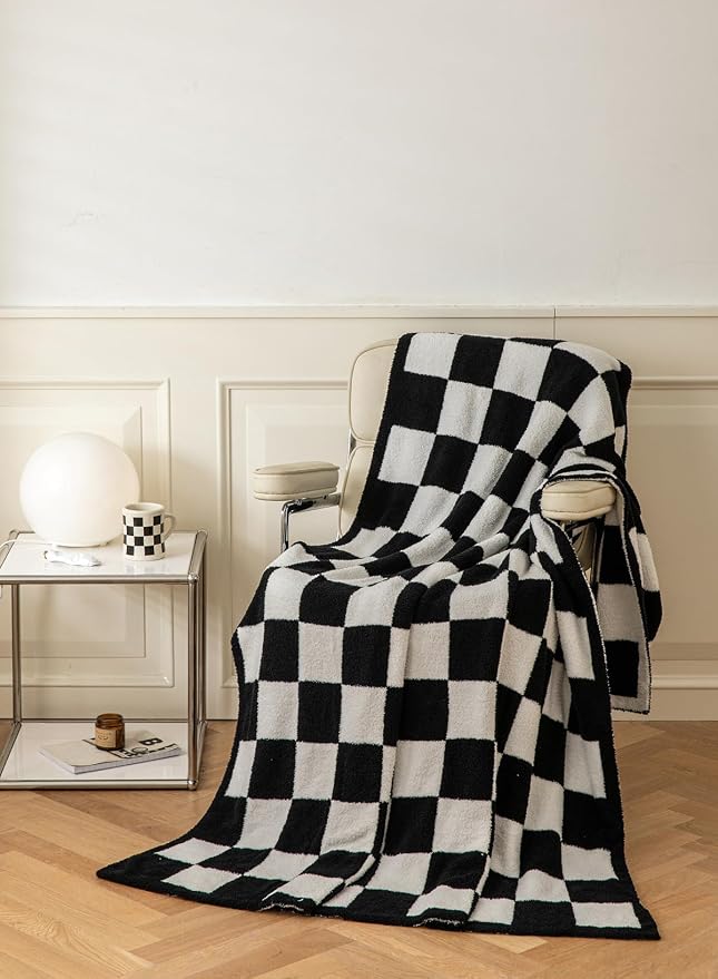Ultra Soft Cozy Buffalo Checkerboard Grid Fluffy Microfiber Knitted Throw Blanket Lightweight Checkered Bed Blanket for Sofa Couch Bed Black 51"X63"