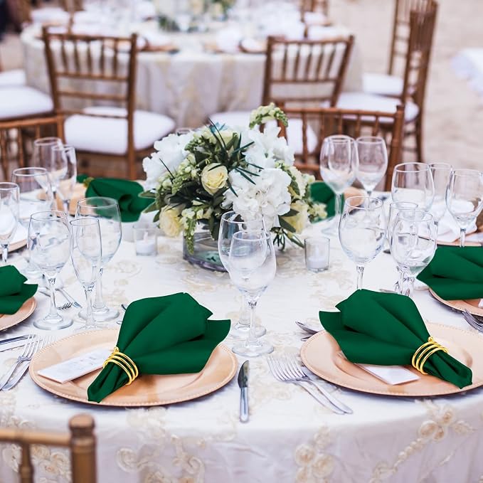 MCEAST Satin Cloth Napkins and Napkin Rings Set of 8, Smooth Fabric Table Napkins and Napkin Holder for Wedding, Birthday Dinner Party, Family Gatherings, Table Decor (Dark Green, 17 x 17 Inches)