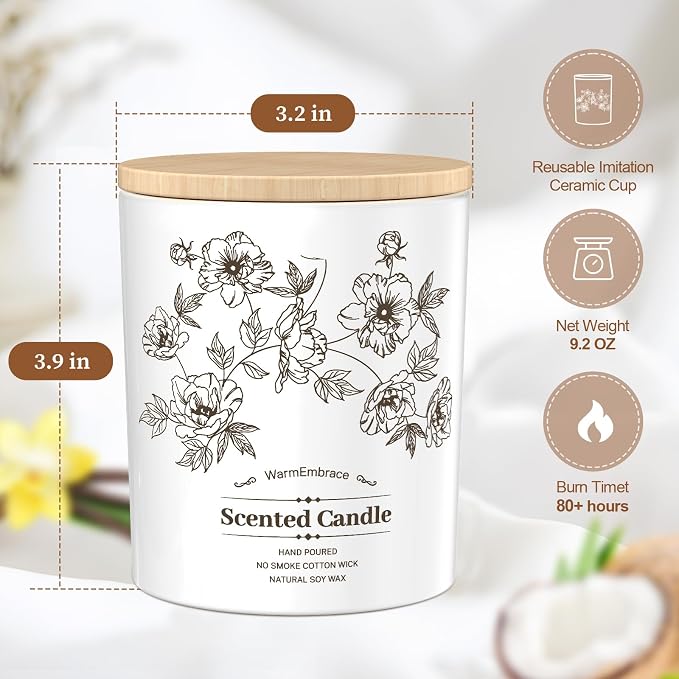 WarmEmbrace Deluxe Scented Candle for Women & Men, Vanilla Coconut, 9.2 Oz | Soy Wax Jar Candle, Up To 80 Hours Of Burn Time& A Reusable Ceramic-Style Jar For Home Decor Or Gifting