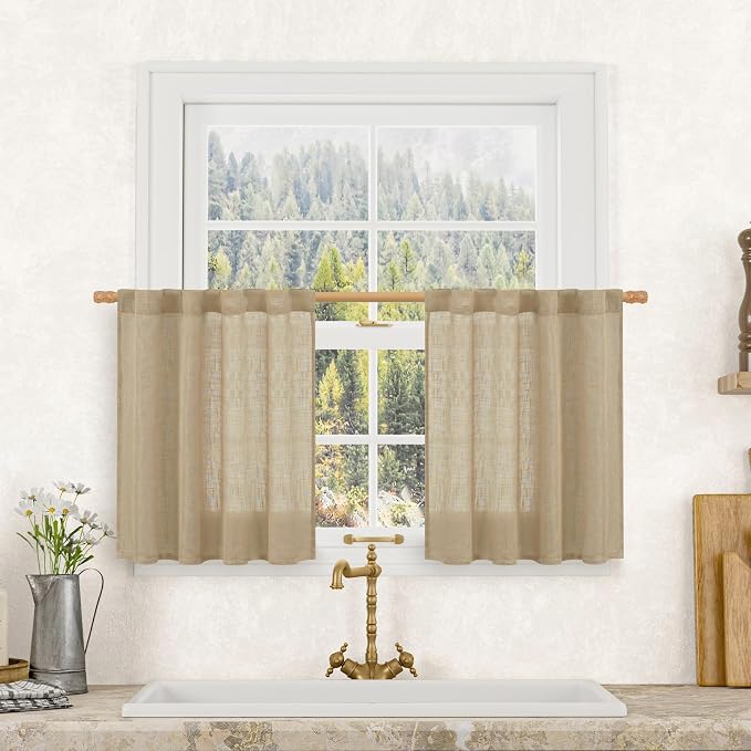 Semi Sheer Short Window Linen Curtains 24 Inch Long 34 x 24 Inch | Light Filtering Panels, Neutral Drapes for Kitchen, Cafe, Bathroom, Small Window, Rod Pocket Back Tab, Brown, 2 Panels