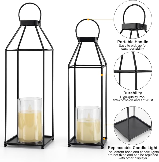 Lanterns Decorative Outdoor 2PCS Front Porch Decor Lantern with LED Candles | Black Metal Decor lantern for Home Decor Patio Fireplace Mantle or Table Centerpiece Halloween Christmas Lantern Decor