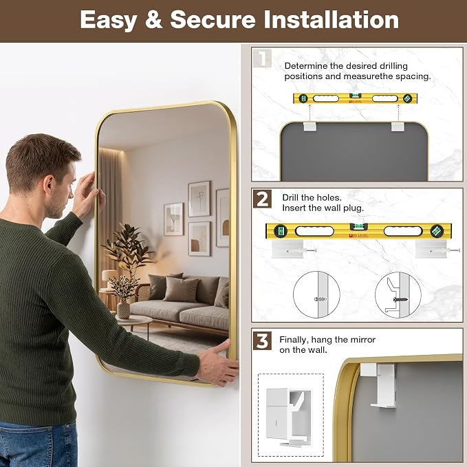 16"x20" Bathroom Mirror for Over Sink, Brushed Gold Rectangle Vanity Mirror | Aluminum Alloy Frame, Clear Reflection, Rust-Resistant, Vertical or Horizontal, Wall Mount, Bedroom and Entryway