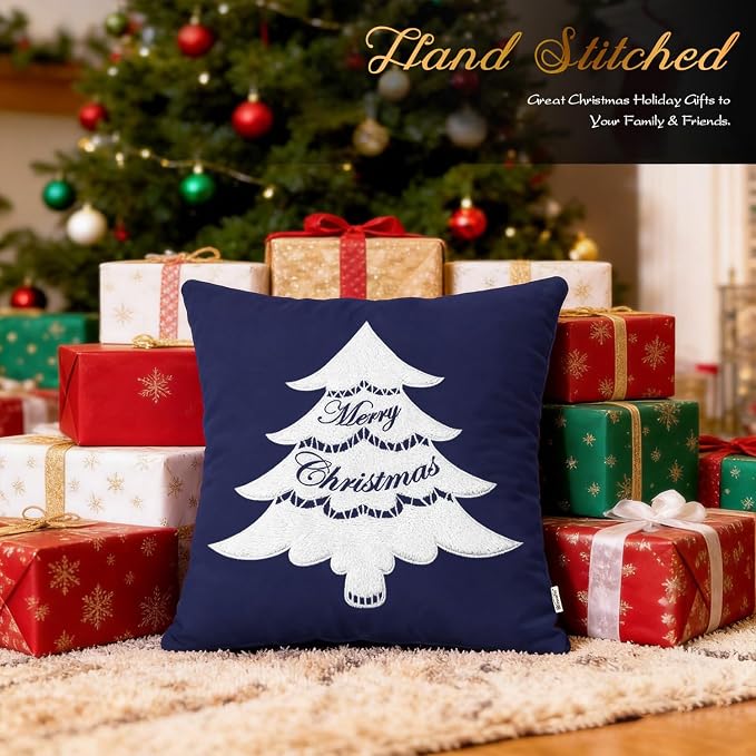 BRAWARM Christmas Pillow Cover 18 X 18 Inches, Navy Blue Christmas Tree Embroidered Pillow Cover, Soft Velvet Decorative Throw Pillow for Couch Bed Sofa Living Room Home