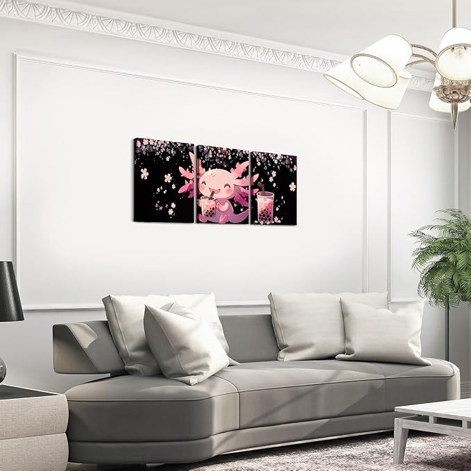 Feelyou Boys Girls Cute Axolotl Canvas Wall Art for Living Room Bedroom Cartoon Salamander Picture Wall Decor Cherry Blossoms Wall Painting Posters Kids Kawaii Bathroom Wall Art 12"x16"x 3Pcs
