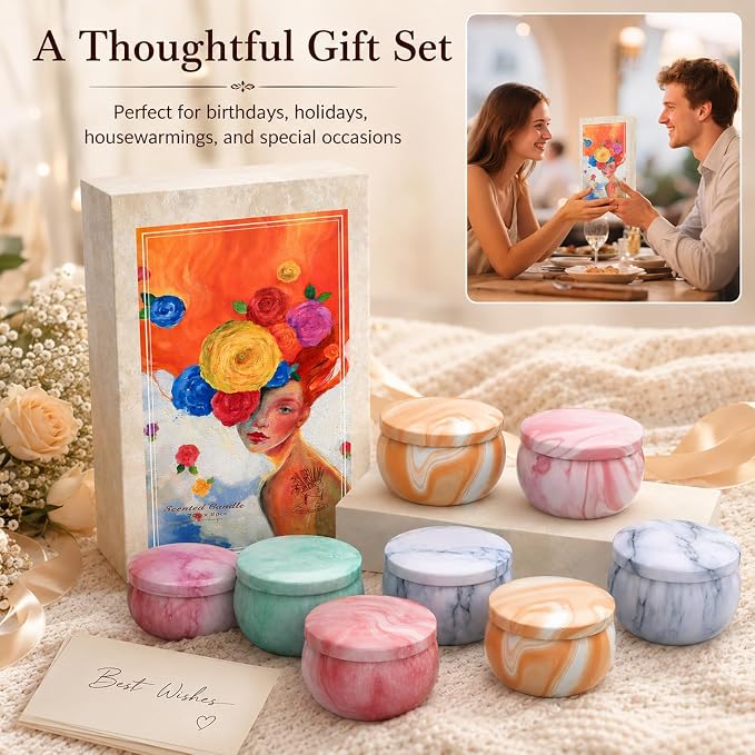 Scented Candles Gift Set, 8 Pack Soy Wax Blend Candles, 70 g Metal Candle Cans with Pastel Marble Cloud Pattern, 8 Assorted Fragrances, Reusable Iron Containers for Home Decor and Gifts