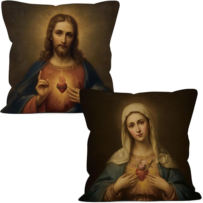 Catholic Sacred Heart of Jesus Immaculate Heart of Mary Throw Pillow Cover Gifts 18x18 Set of 2, Christian Virgin Mary Decor Pillow Cases for Bedroom, Religious Decorative Pillowcases