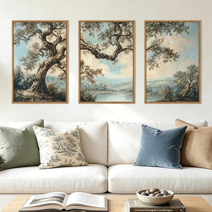 BINCUE Framed Vintage Tree Wall Art Set Neutral Landscape Wall Decor 16x24 | Mountains Lake Artwork,Rustic Forest Paintings,Botanical Wall Pictures,Abstract Tree Prints for Living Room Bedroom Office