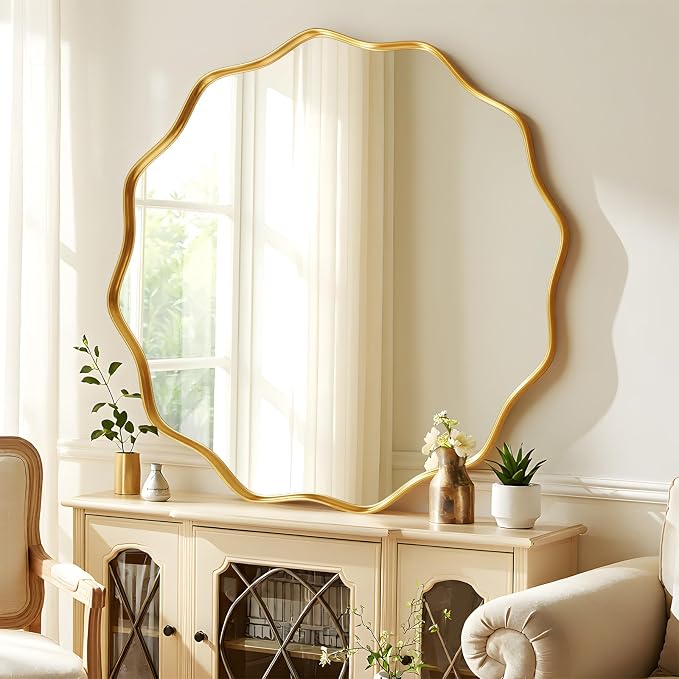 30" Decorative Scalloped Round Wall Mirror, Wavy Metal Deep Frame, Gold | Circle Mirror Wall Mounted for Bathroom, Bedroom, Entryway, Living Room