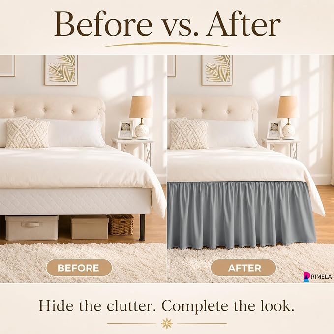 Grey Bed Skirt Queen Size 15 Inch Drop, Elastic Wrap Around Bedskirt | Solid Ruffled, Easy to Use, No Mattress Lifting, Wrinkle & Fade Resistant, with Adhesive Strips, Machine Wash/Dry/Iron