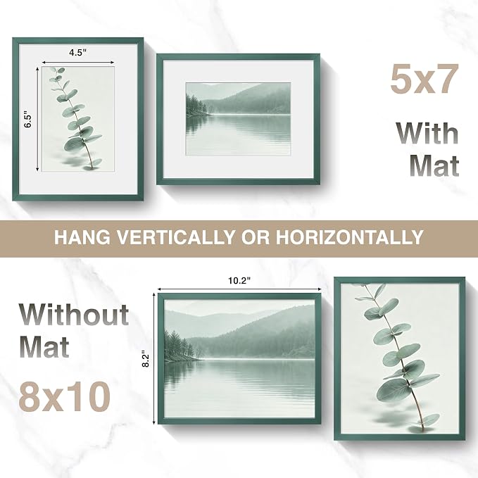 Fun Memories 8x10 Inch Metal Picture Frame - Aluminum Photo Frames - 5x7 Mat - Ideal for Wall or Tabletop Display - Wall Hook Hanging Hardware Included - Green - Set of 1