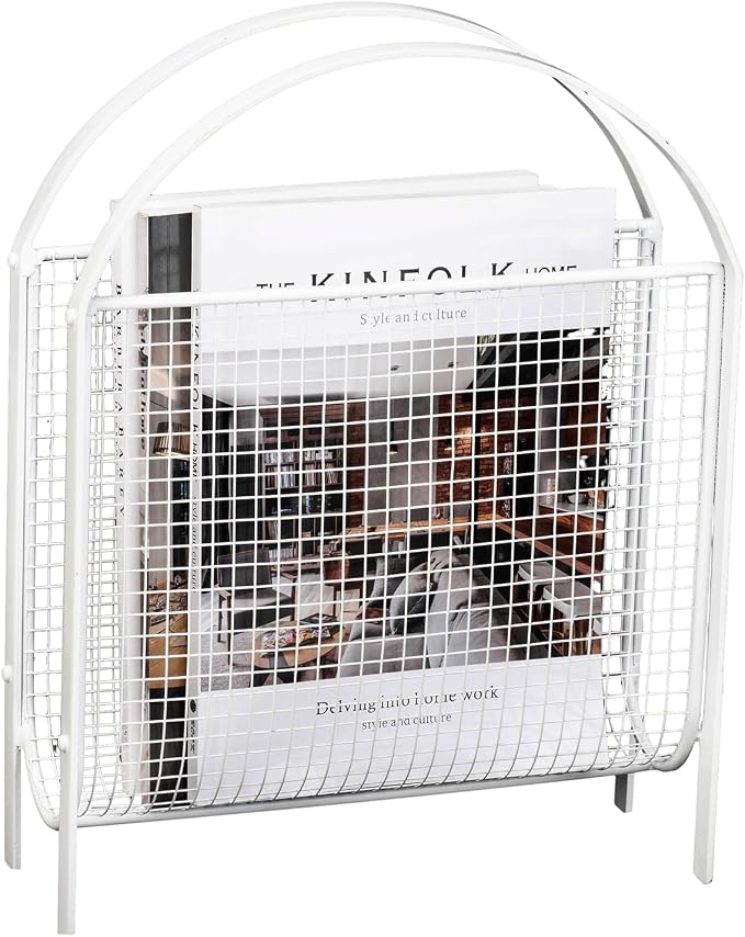 MyGift White Metal Mesh Magazine Rack, Mid Century Freestanding Holder | Sling-style storage keeps newspapers and reading materials contained while the open mesh design makes contents easy to see