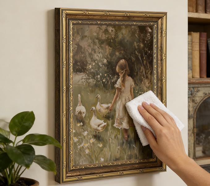 Vintage Gold Framed Canvas Wall Art Rural Goose Girl Painting Picture Cottagecore Print Poster Country Farmhouse Nature Wall Decor for Bedroom Bathroom Living Room Decoration 9x11in